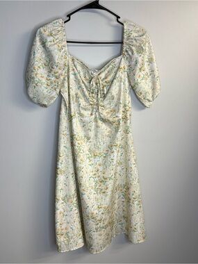 Floral Puff-Sleeve Midi Dress in Cream and Yellow prairie
